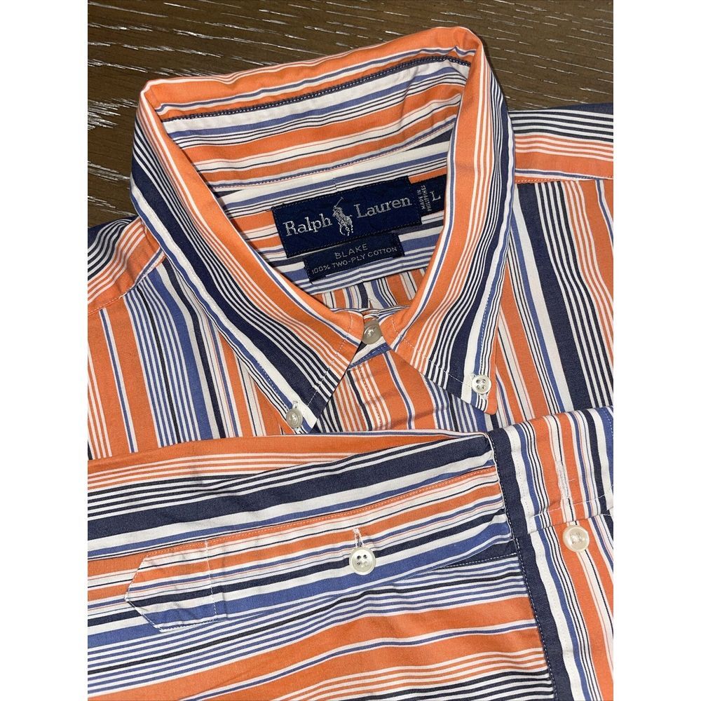 Ralph Lauren Shirt‎ Men Large Cotton Blue/Orange Stripe Button Down EUC Blake